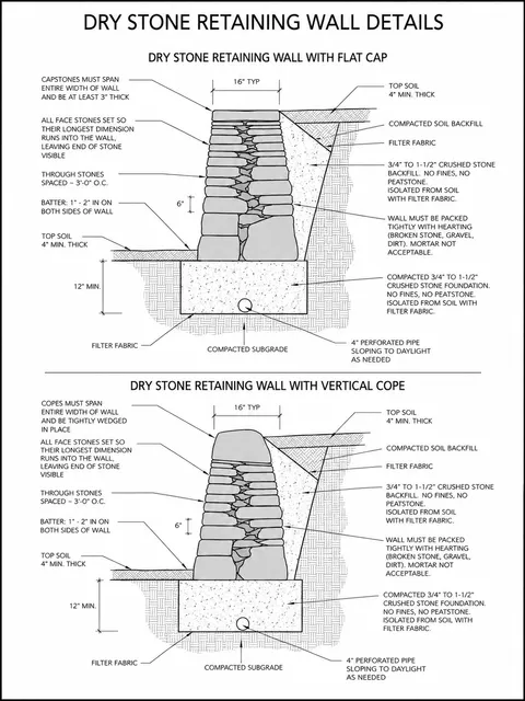Dry stone retaining wall details, including batter, drainage backfill, and foundation