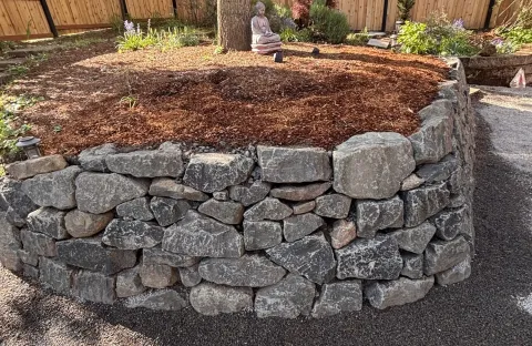 Dry stone retaining wall and landscaping detail, photo 6